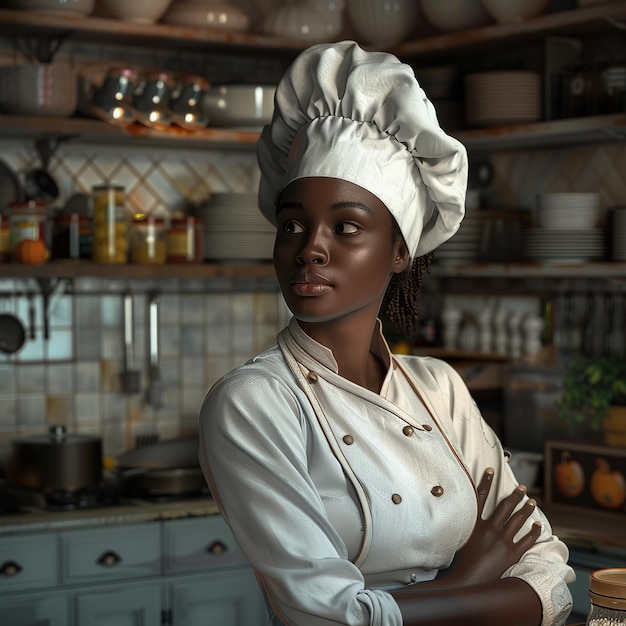 Beautiful African American woman in chef hat and apron standing in kitchen Ai Generated