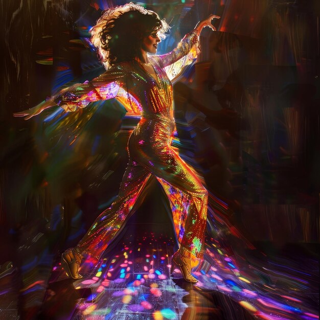 Beautiful african american woman dancing in multicolored light