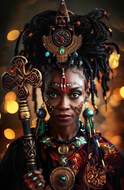 Beautiful african american woman in ethnic costume with dreadlocks