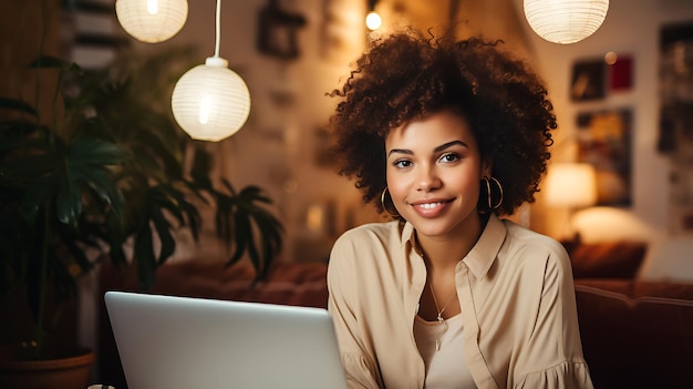 A beautiful African American woman sits at home at a laptop studying or working