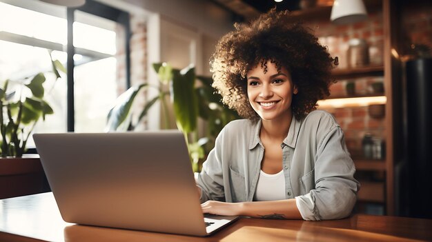 Beautiful African American woman sitting at home with a laptop