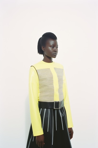 Beautiful african american woman in stylish clothes posing on white background