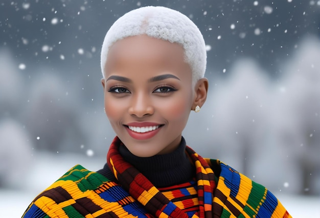 Beautiful african american woman in winter clothes Snow background