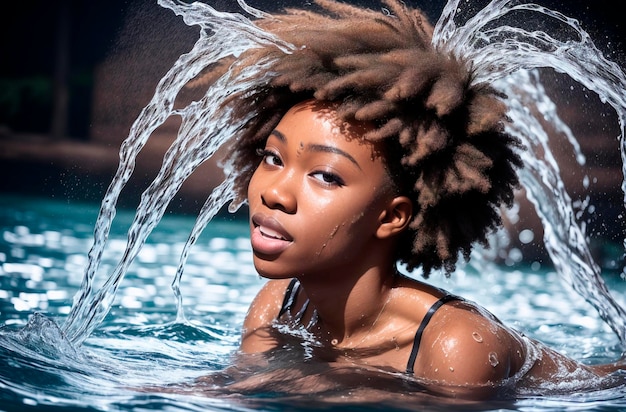 Beautiful african american woman with afro hairstyle in water Generative AI