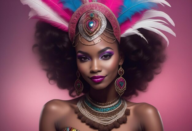 Beautiful african american woman with bright makeup and feather hat