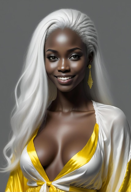 Beautiful African American woman with long white hair and a yellow dress