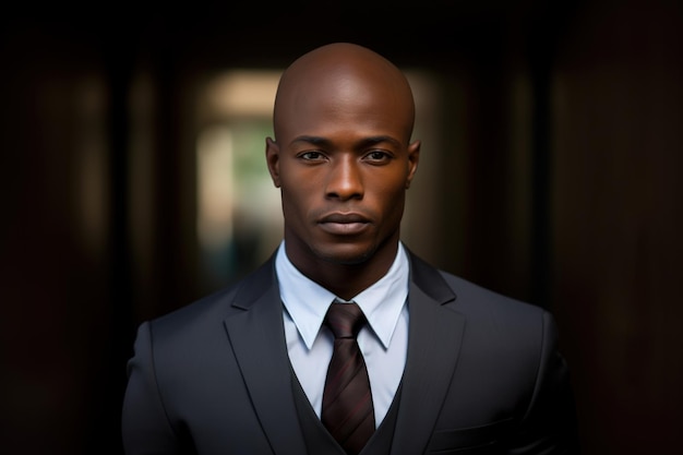 Beautiful African man 35 years old bald head wearing a tailored suit