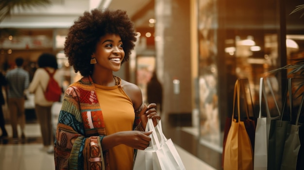 Beautiful African woman in the mall with shopping bags