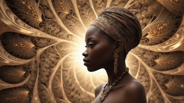 Beautiful african woman with golden jewelry on her head