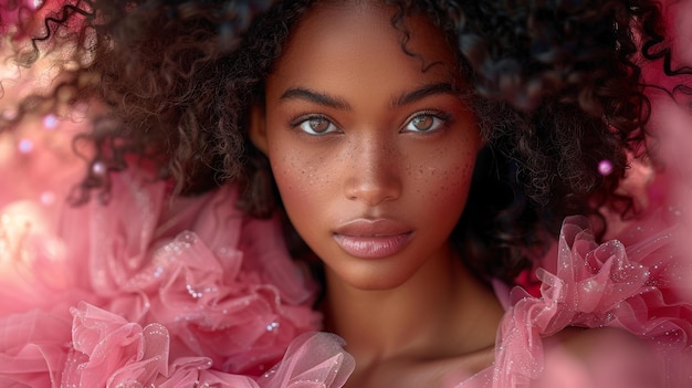 A beautiful African woman with long curly hair wearing a pink party dress