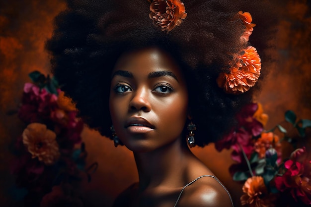 A beautiful afro woman with a flower backdrop