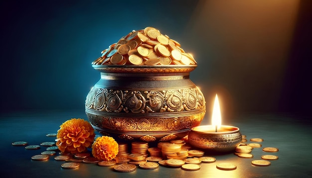 Beautiful akshaya tritiya background with a pot filled with gold coins