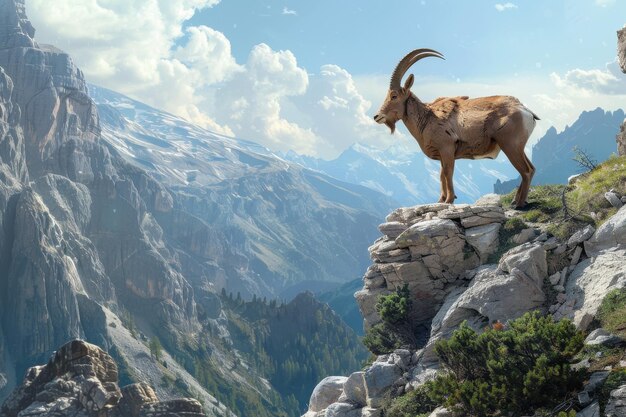 A beautiful alpine ibex standing on a rocky cliffside overlooking a stunning mountain landscape