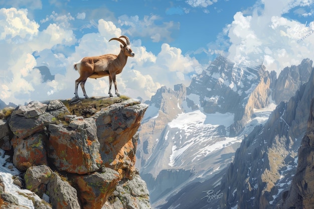 A beautiful alpine ibex standing on a rocky cliffside overlooking a stunning mountain landscape