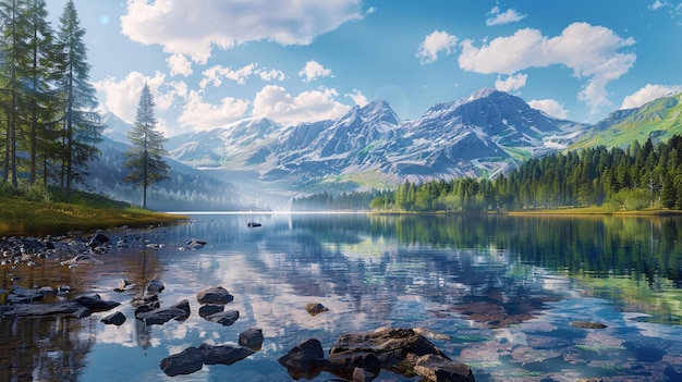 Beautiful alpine lake with crystal clear water and mountains in background