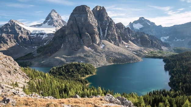 Beautiful alpine vista with view on mountains and lake Mt Assiniboine Provincial Park Canada