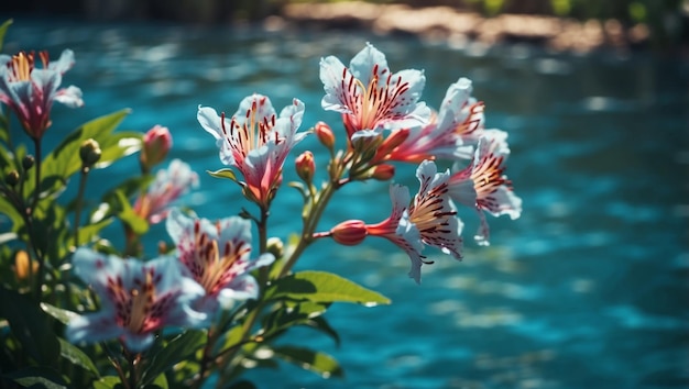 Beautiful alstroemeria flowers in blue water Summer composition with sun and shadows Nature concept Top view Selective focus