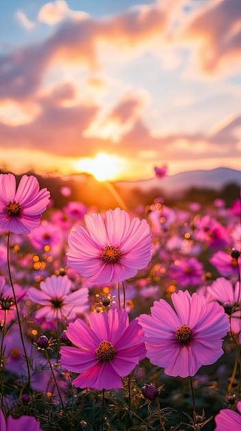 Photo beautiful and amazing of cosmos flower field landscape in sunset