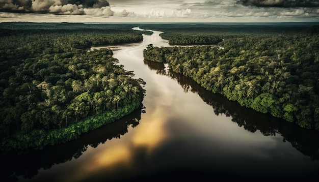 A beautiful Amazon river landscape background with cinematic sky and calm water digital art