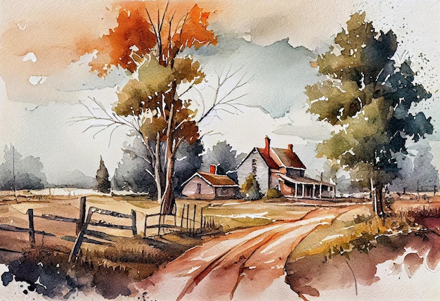 Beautiful american countryside scene Watercolor drawing style Generative ai