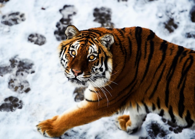 Beautiful Amur tiger on snow Tiger in winter forest