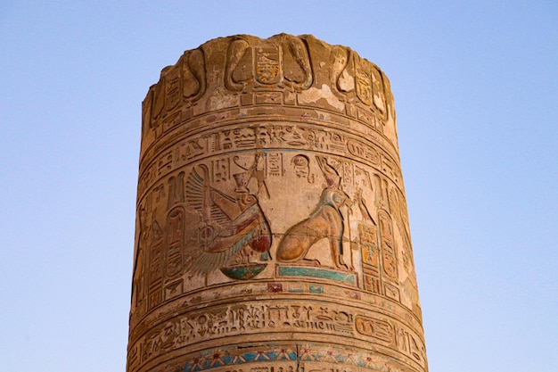 Beautiful ancient egyptian carvings and hieroglyphs at Kom Ombo temple, Aswan