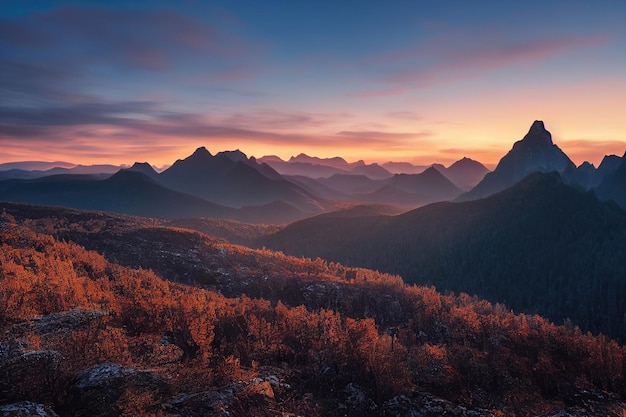 Beautiful ancient mountains at dawn in the morning sunlight and in the fog