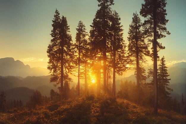 Beautiful ancient mountains at sunrise in the evening sunlight and in the fog