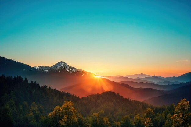 Beautiful ancient mountains at sunrise in the evening sunlight and in the fog