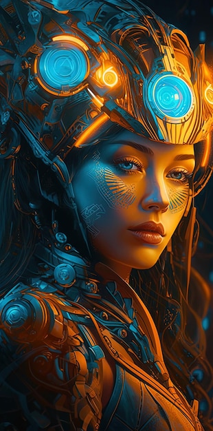 Beautiful android woman with big cyber helmet Generative AI