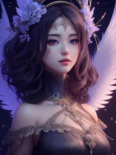 beautiful angel illustration in black dark background ai generative