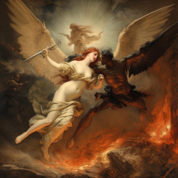 A beautiful angel is battling with a danger devil generative AI