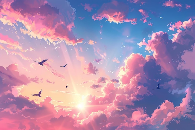 Beautiful anime background twilight sky with clouds birds flying Hand Drawn Painting Illustration