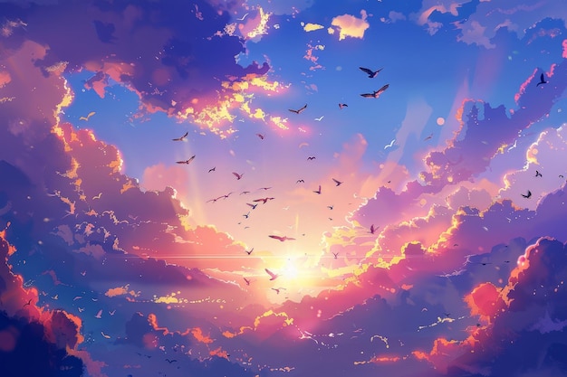 Beautiful anime background twilight sky with clouds birds flying Hand Drawn Painting Illustration