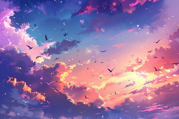 Beautiful anime background twilight sky with clouds birds flying Hand Drawn Painting Illustration