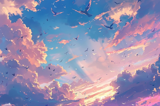 Beautiful anime background twilight sky with clouds birds flying Hand Drawn Painting Illustration