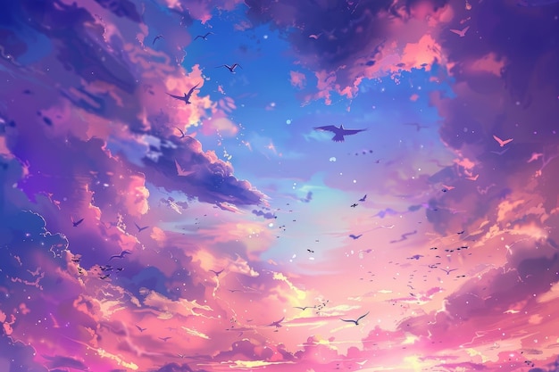 Beautiful anime background twilight sky with clouds birds flying Hand Drawn Painting Illustration