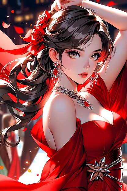 Photo beautiful anime character in a red dress