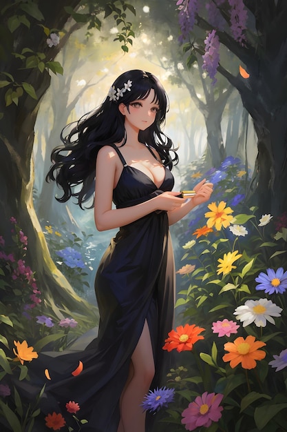 Beautiful Anime Girl in Forest Cute Anime Girl in Forest Anime Girl Anime Art Anime Illustration AI Generative