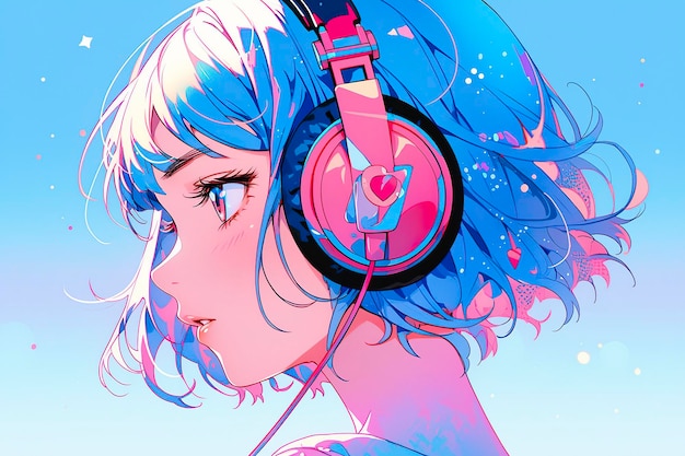 Beautiful anime girl listening to Lofi hip hop music with headphones cartoon drawing AI Generative