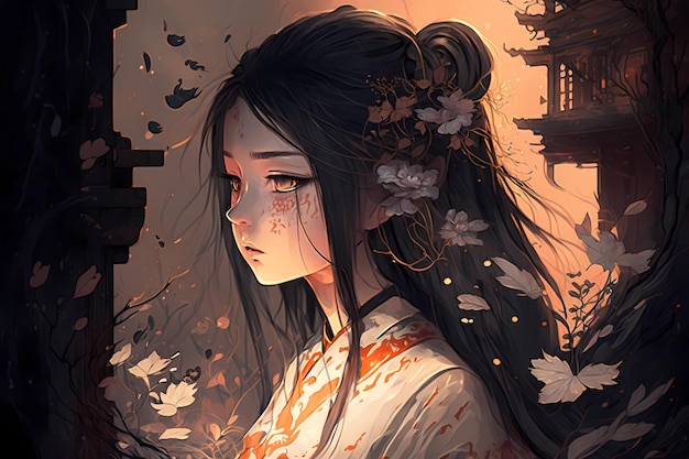 Beautiful anime girl in traditional Japanese Chinese costume sad against a background of falling leaves AI generation