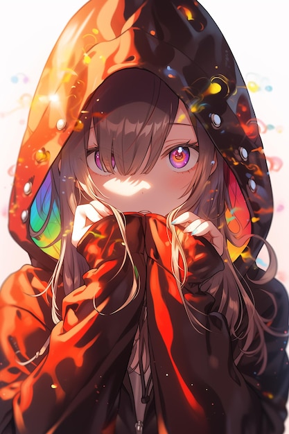 Beautiful anime girl wearing hoodie with colorful style art