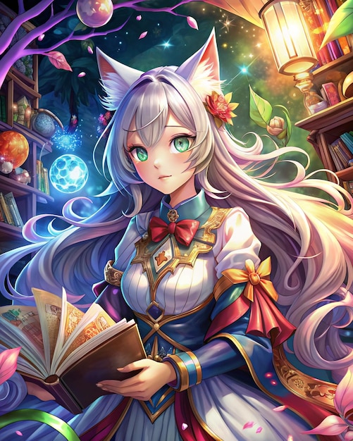 beautiful anime girl with cat ears illustration