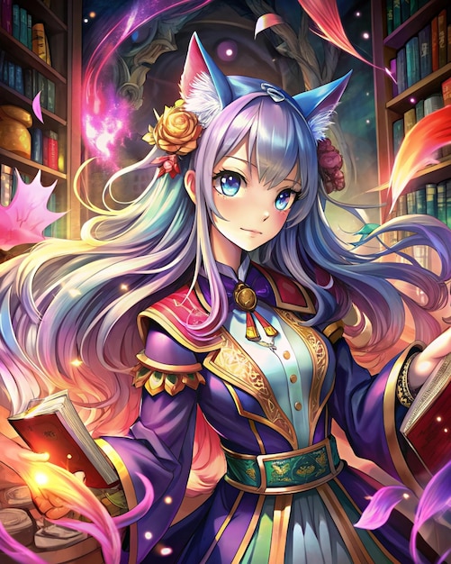 beautiful anime girl with cat ears illustration