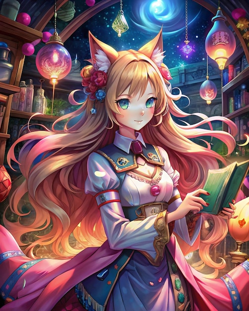 beautiful anime girl with cat ears illustration