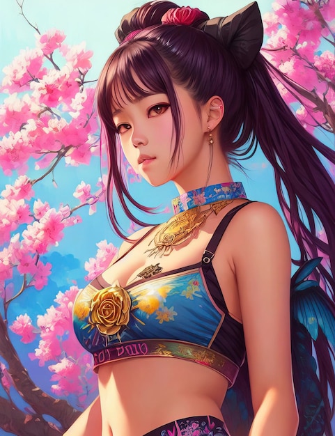 Beautiful anime painting of summerpunk lady