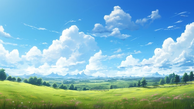 Beautiful anime style field clear sky sunny painting image AI generated art