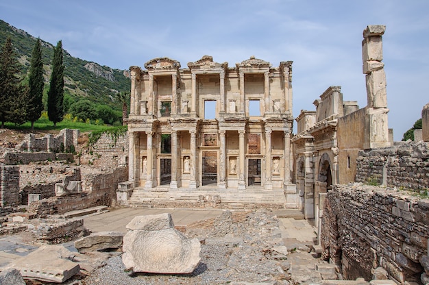 Beautiful antique city in Turkey  Ephesus with famous library ruins in the foreground