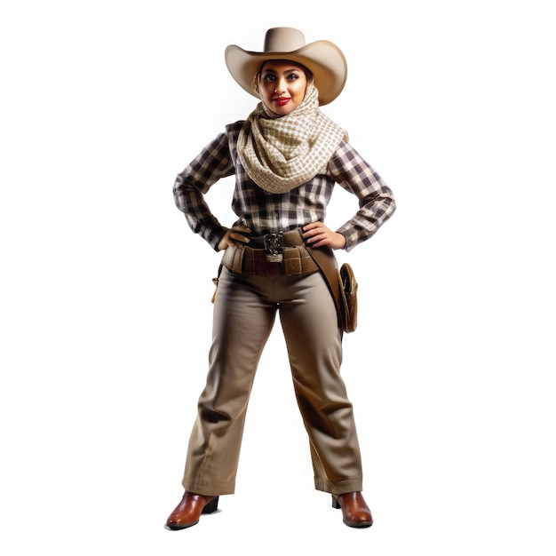 Photo beautiful arab woman dressed as a cowboy in a stylish western outfit generative ai