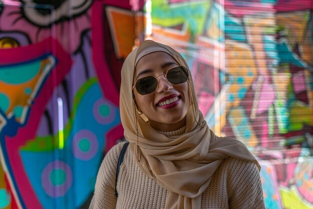 Beautiful arabic girl with hijab outdoors on blue background